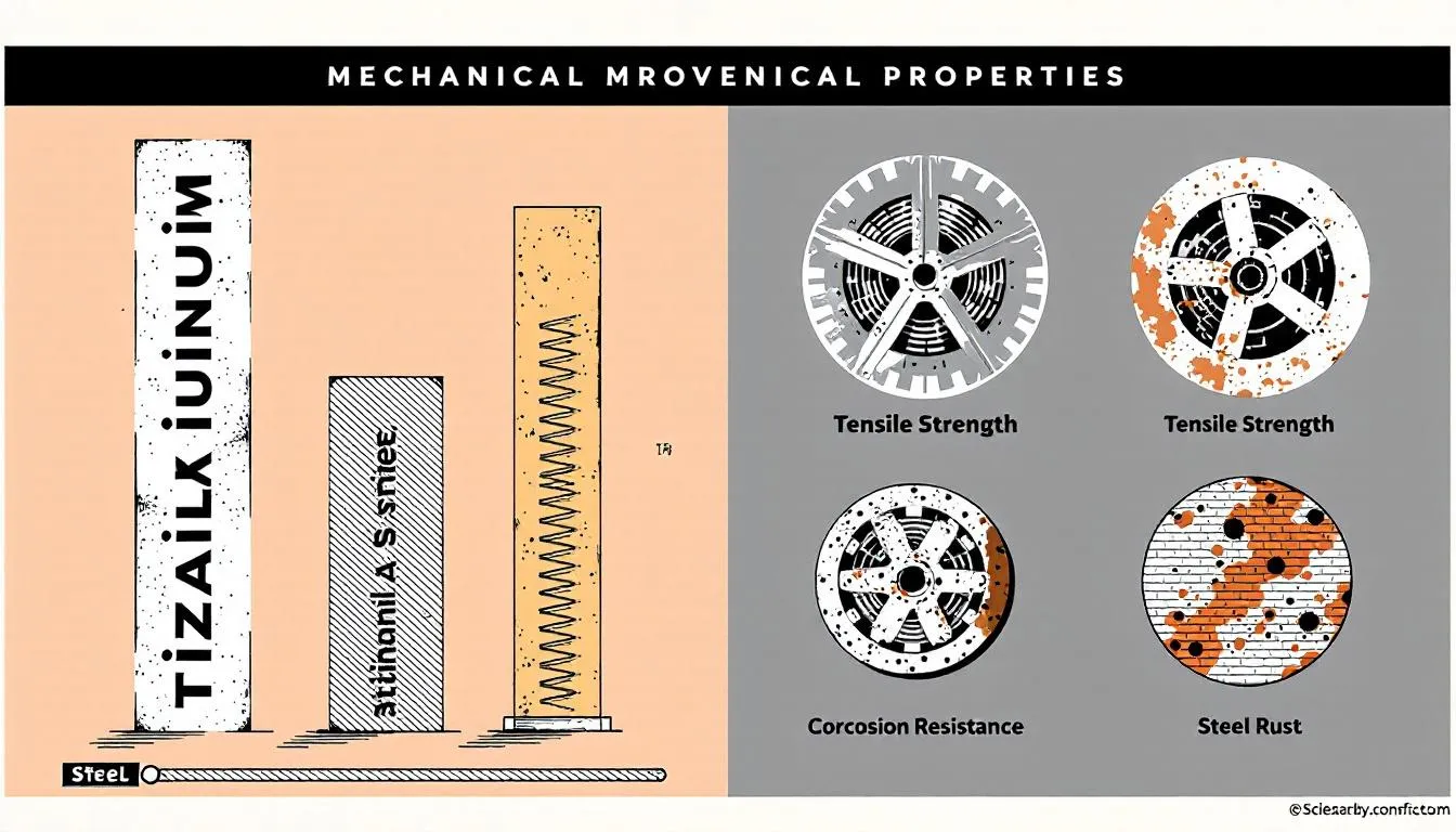 Visual representation of the mechanical properties of titanium and steel, including tensile strength and corrosion resistance.