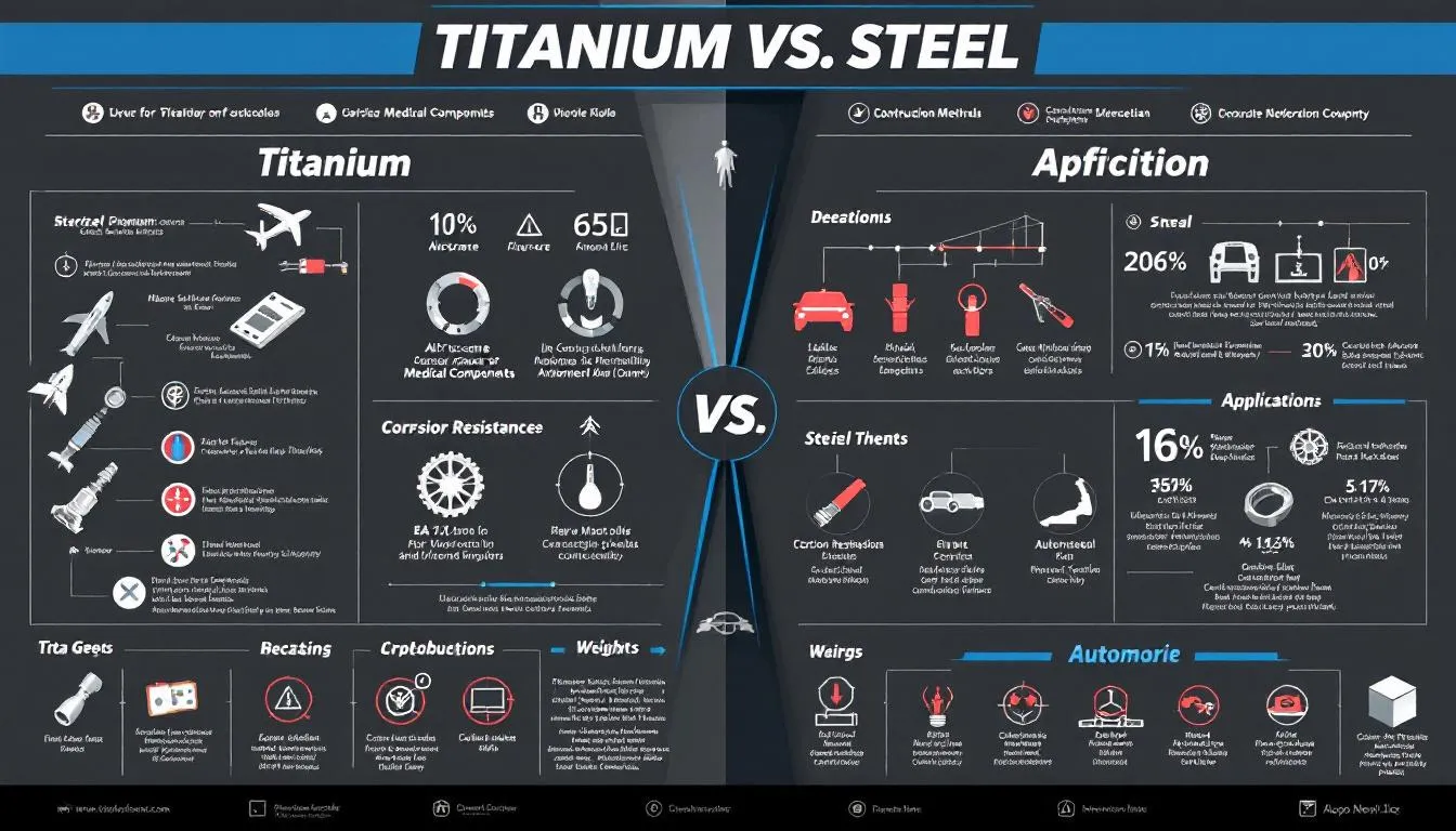 A visual guide to the common applications of titanium and steel in various industries.