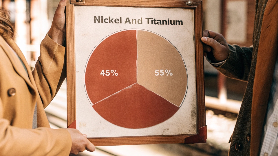 A pie chart showing the weight percentage of Nickel and Titanium in Nitinol