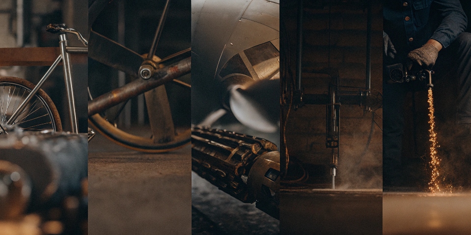 A montage of titanium uses: a bicycle frame, a surgical screw, an airplane, and a watch