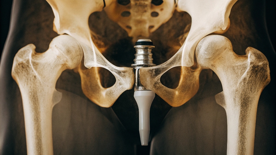 A medical diagram showing a titanium hip implant integrated with bone