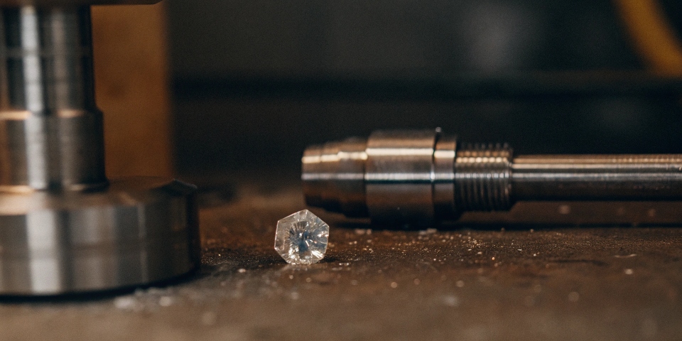 A raw diamond placed next to a machined titanium part