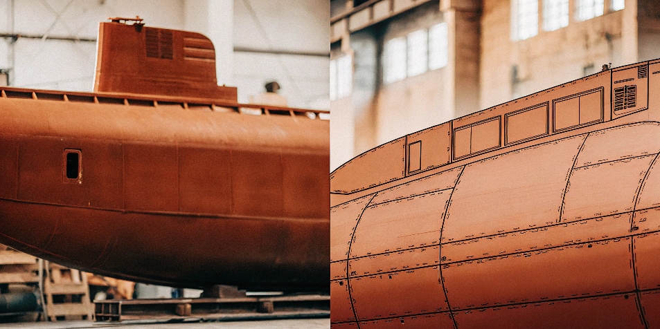 Diagrama comparativo entre un casco de submarino de acero y uno teórico de titanio