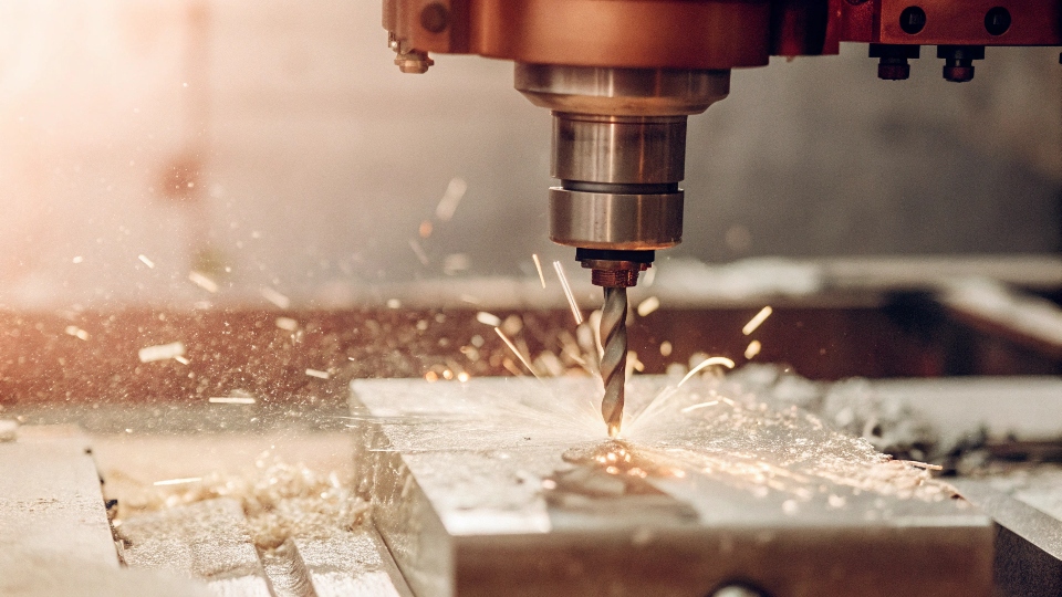 A CNC machine spraying coolant while cutting a block of titanium, with metal shavings flying off.