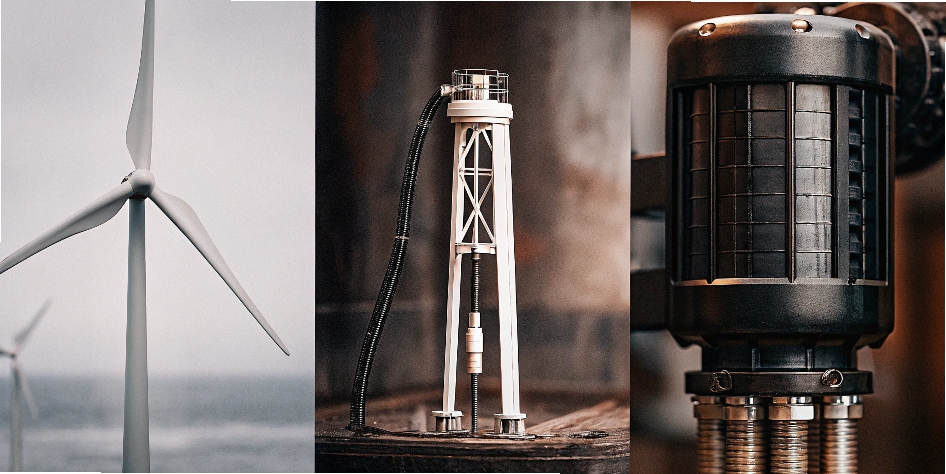 An illustration showing futuristic titanium applications like a hydrogen fuel tank, an offshore wind turbine, and an advanced medical implant.
