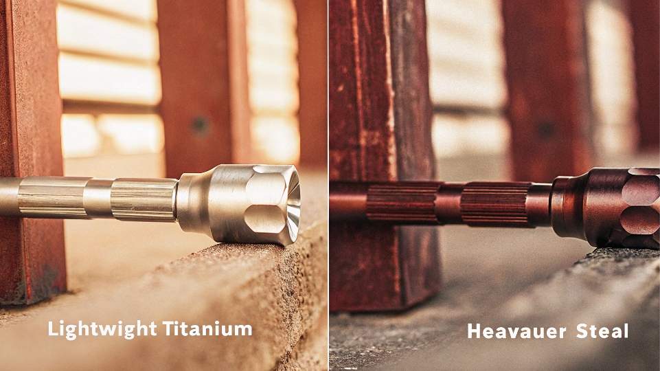 A side-by-side comparison showing a lightweight titanium component next to a heavier steel equivalent.