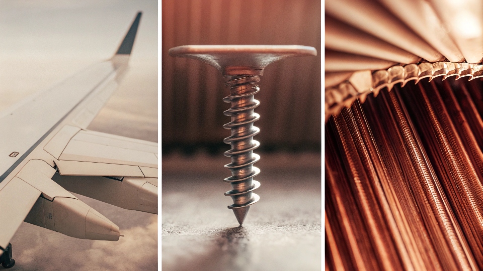 Side-by-side images of an aircraft wing, a surgical screw, and a chemical heat exchanger.