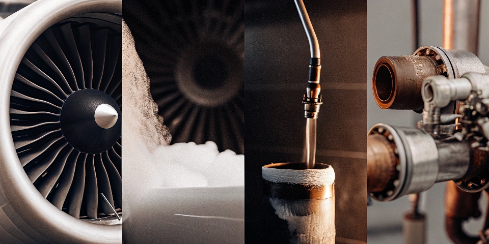 A collage of titanium applications like a jet engine, a medical implant, and chemical piping.