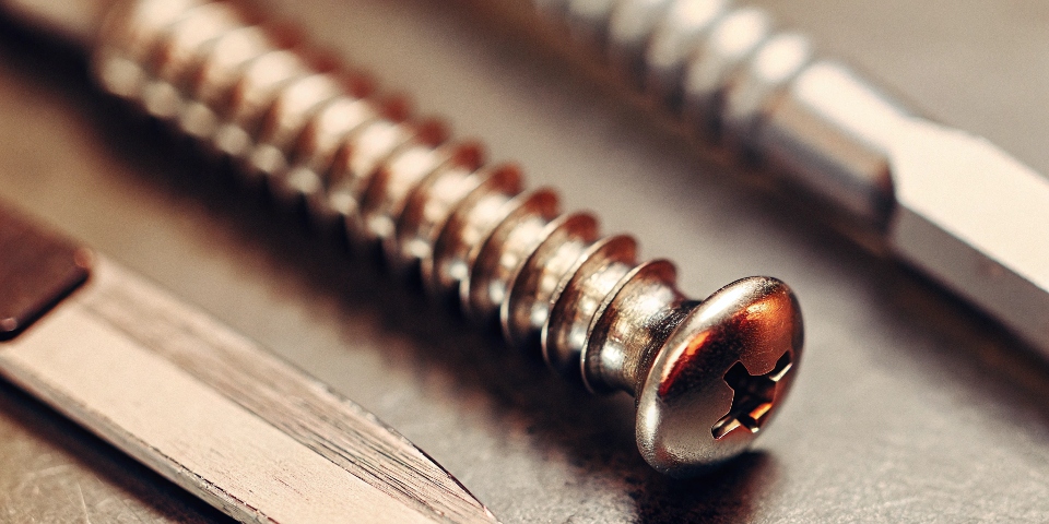 A titanium implant screw next to a surgical steel scalpel