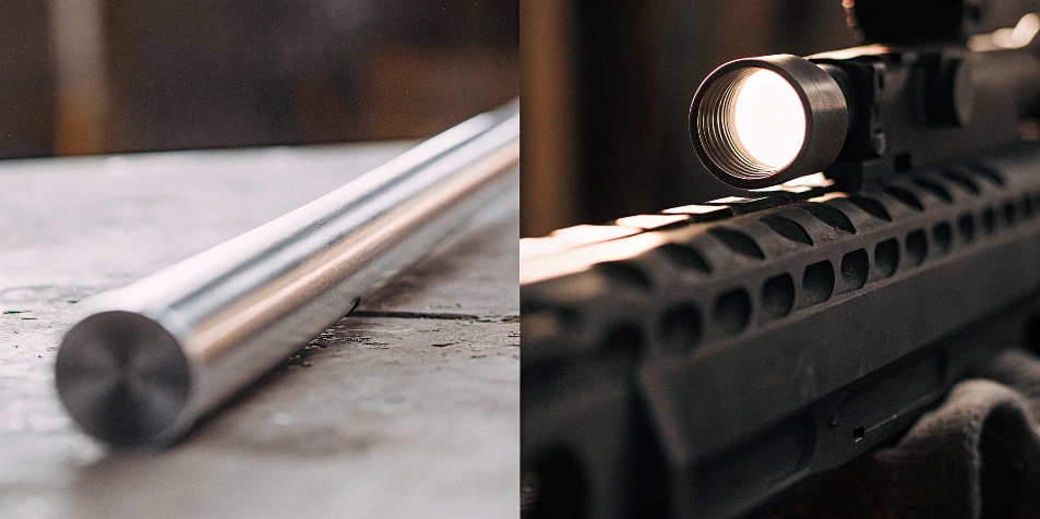 Una barra de titanio brillante junto a un cañón de rifle de acero
