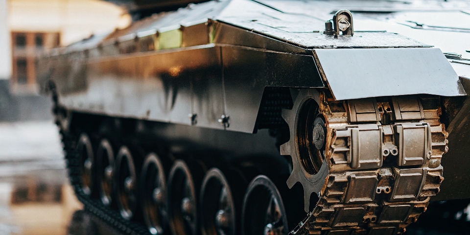 A modern battle tank showing its thick composite armor plating.