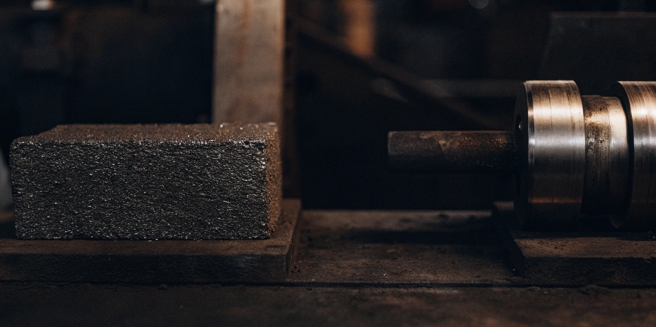 A comparison of raw titanium sponge and a steel billet, highlighting the cost difference.