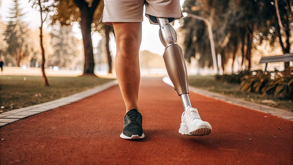 A person with a modern prosthetic leg made from titanium, walking comfortably on a park path.