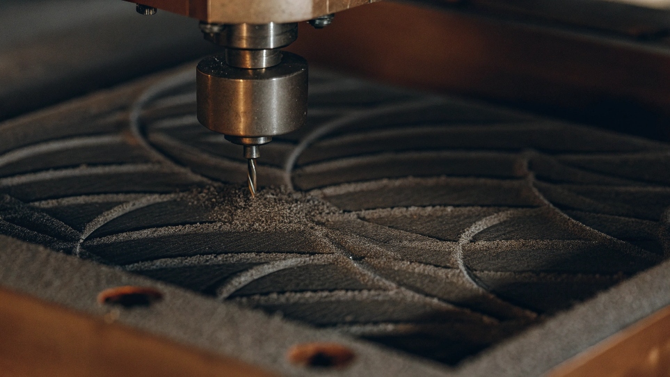 A close-up of fine, gray titanium powder being processed by a 3D printer laser.
