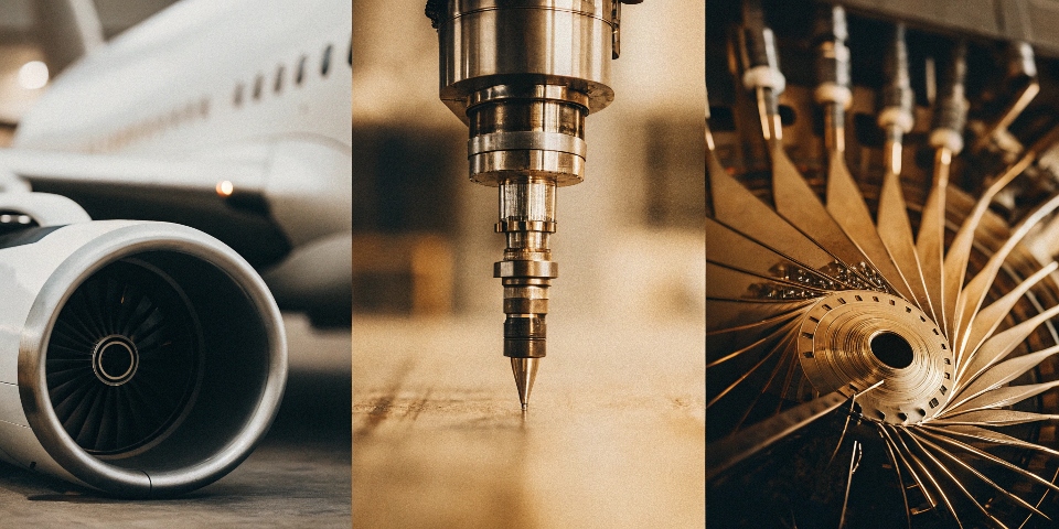 A collage showing titanium applications in aerospace, chemical plants, and medical implants.