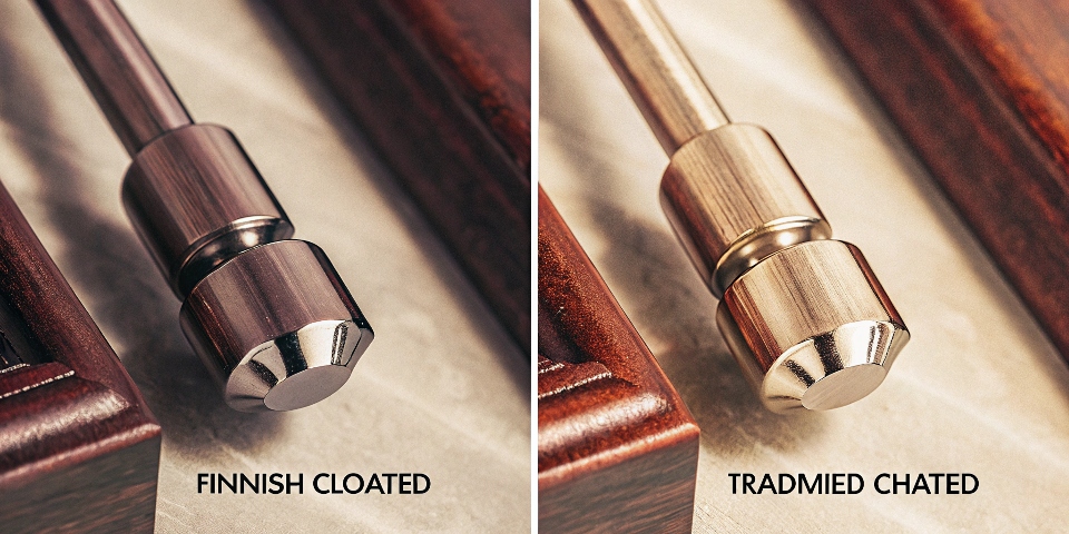 A PVD coated titanium part next to a traditionally chromed part, showing a difference in finish