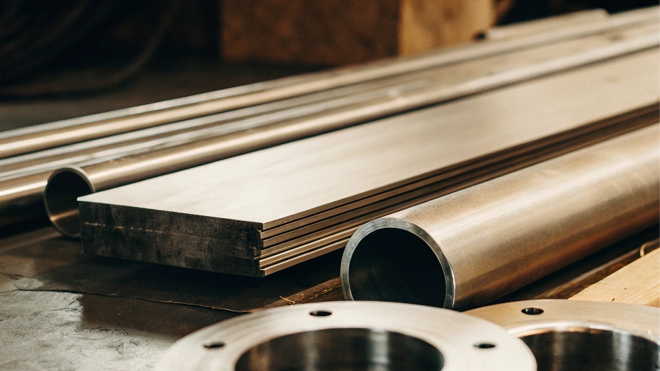 A collection of pure titanium products including a surgical plate, a pipe flange, and a sheet.