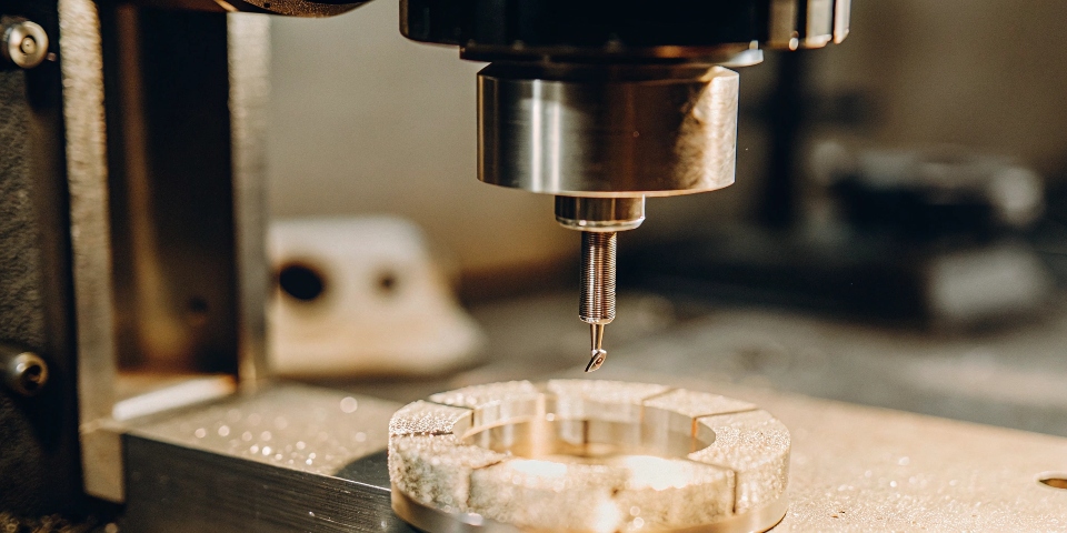 A close-up of a titanium part being prepared for surface coating