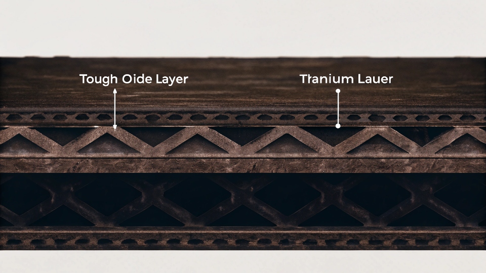 A diagram showing the tough oxide layer on titanium metal