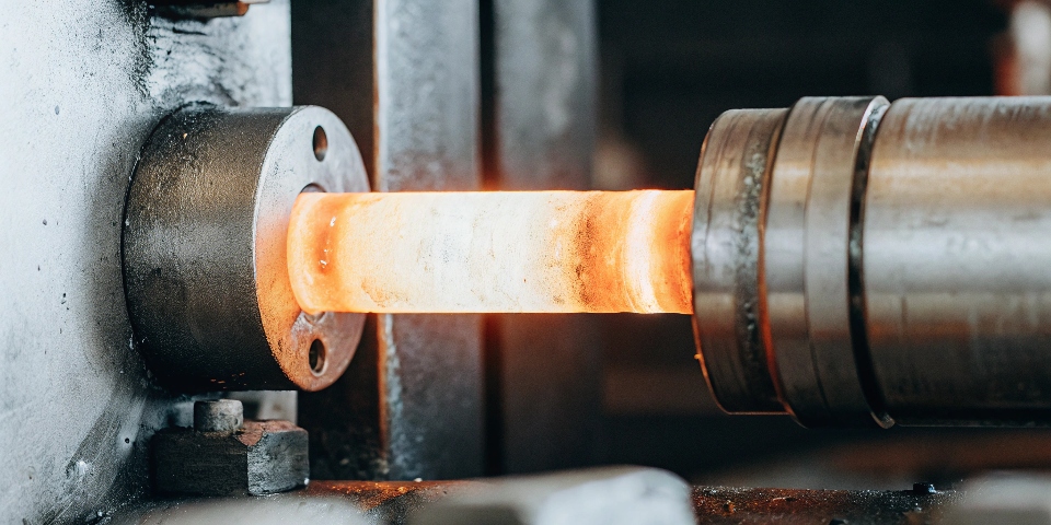 A close-up of a titanium part glowing orange from extreme heat in a controlled industrial setting.