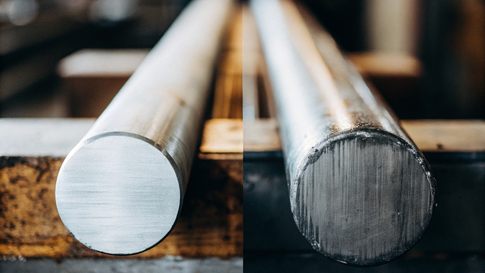 A side-by-side comparison illustrating the weight difference between a titanium bar and a steel bar of the same size