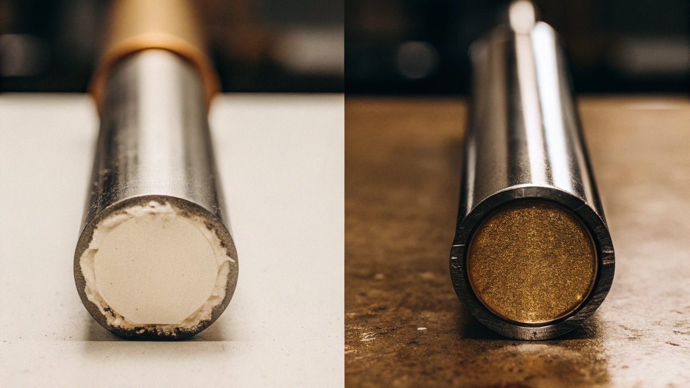 A simple, uncoated titanium bar next to a coated MMO anode