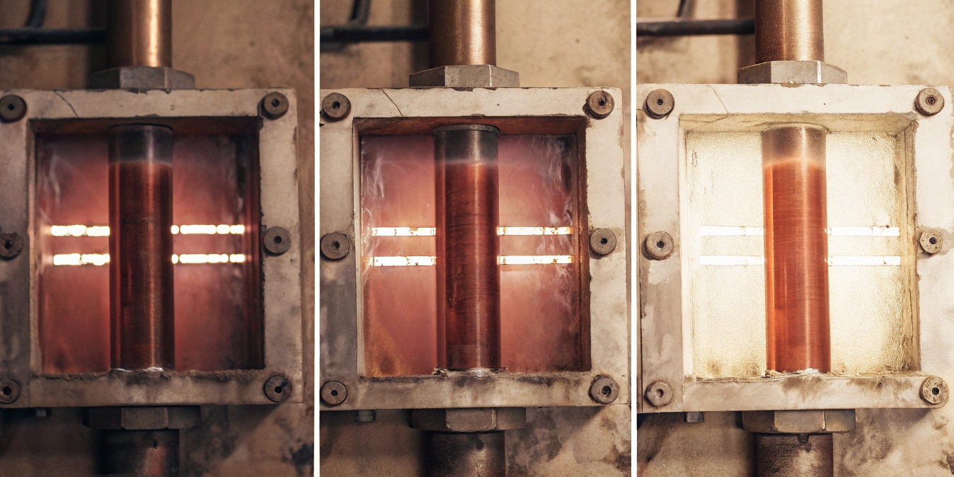 A diagram showing parts inside a vacuum chamber before, during, and after the welding process.