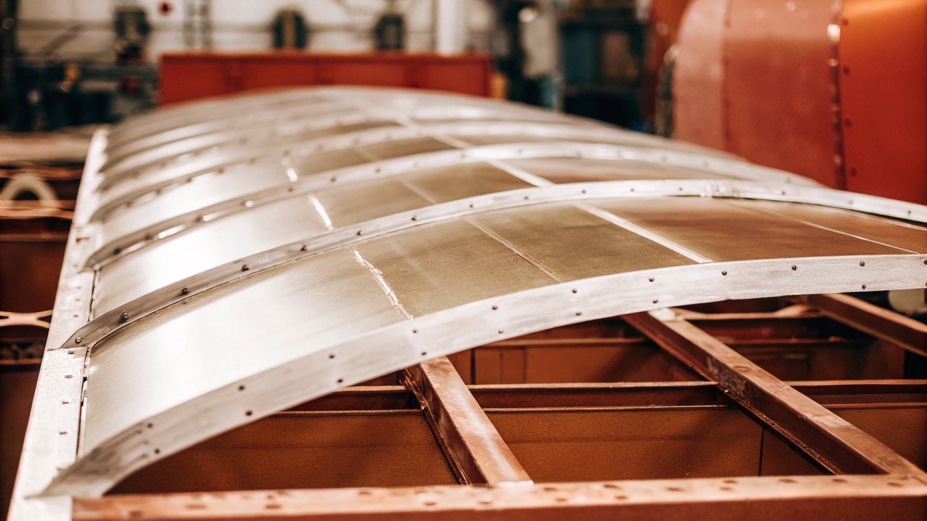 A large sheet of aluminum being formed for an airplane fuselage