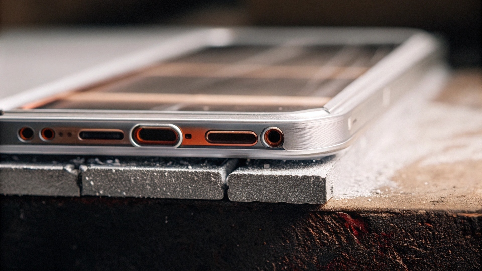 A cross-section diagram showing the iPhone's titanium frame bonded to aluminum