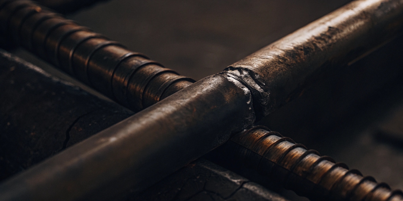 A close-up of a failed weld between a piece of titanium and a piece of steel, showing cracks.