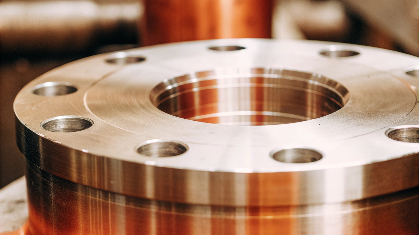 A close-up of a Grade 7 titanium flange used in chemical processing