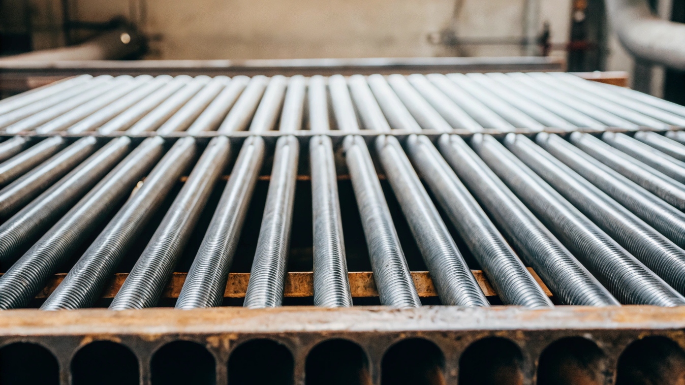 A close-up view of a heat exchanger tube sheet with titanium tubes
