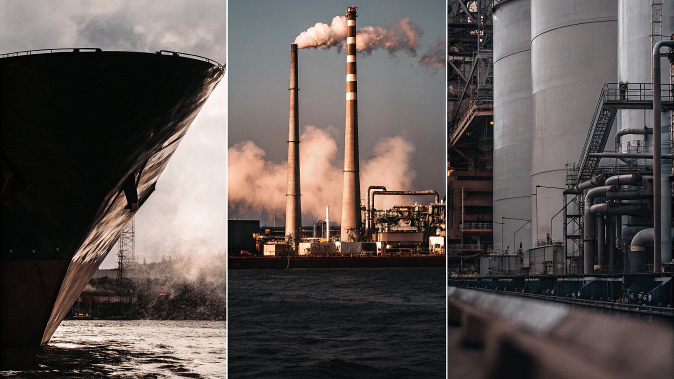 A collage of applications: a ship hull, a chemical plant, and a water treatment facility