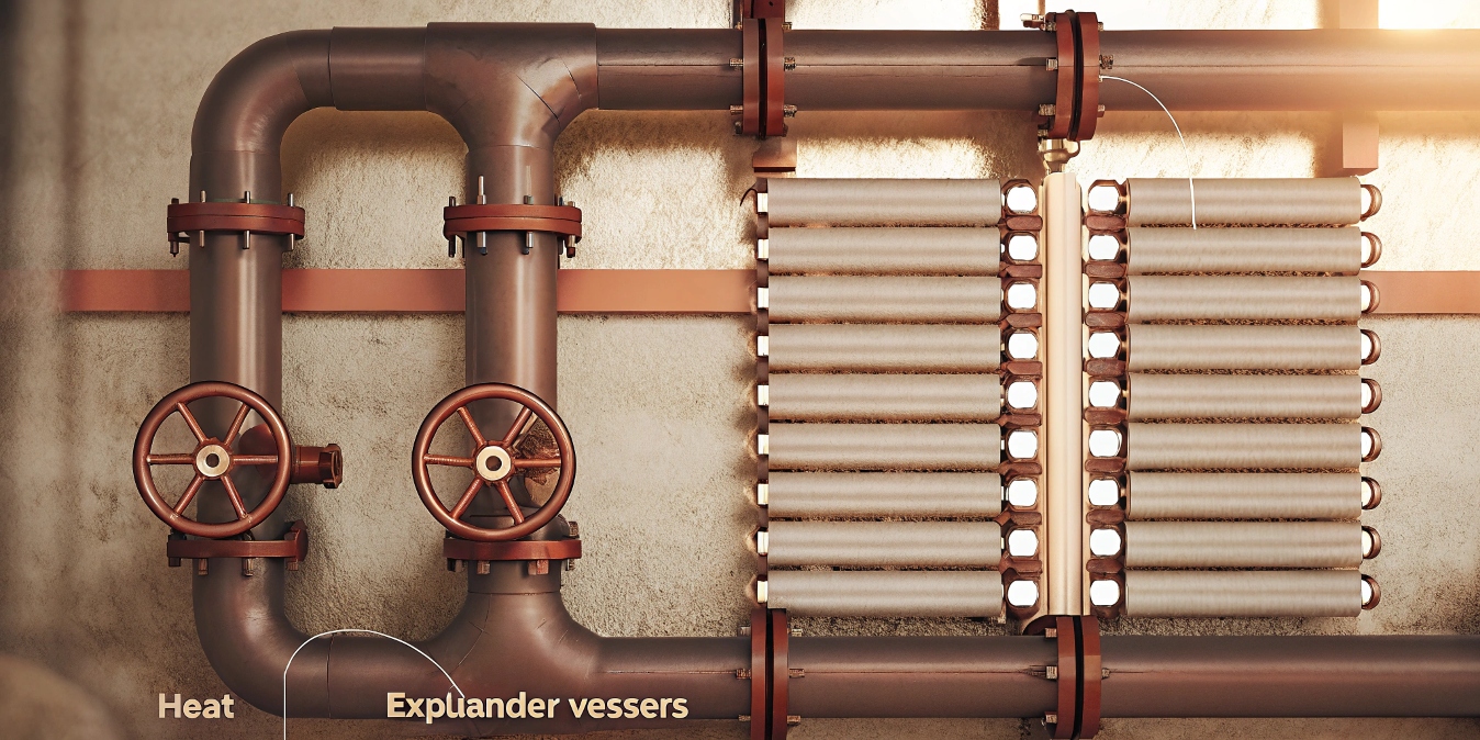 Diagram of a desalination plant highlighting key equipment