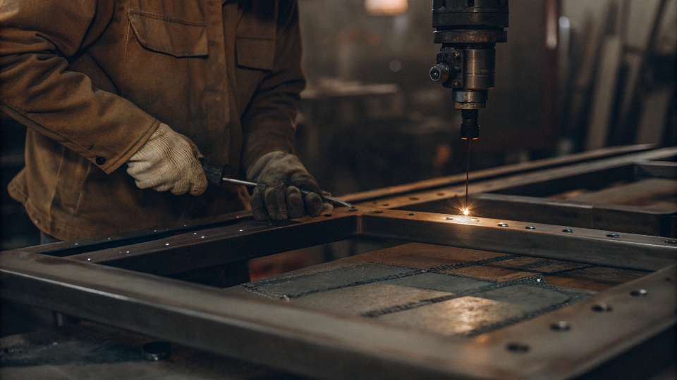 A welder fabricating a large frame, next to a CNC machine milling a small, precise part.