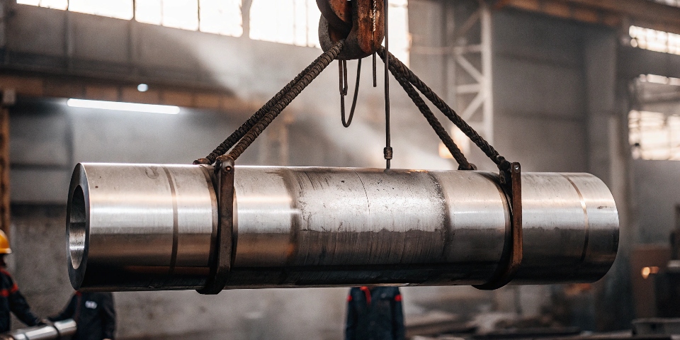 A large titanium forging being moved by an overhead crane in a factory.