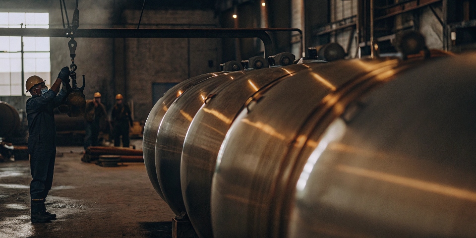 An engineer inspecting a large fabricated titanium vessel.