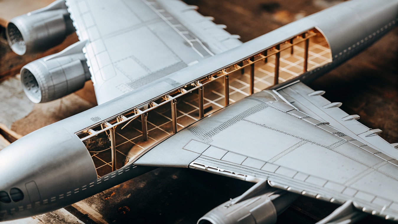 A cross-section diagram of an airplane showing different materials