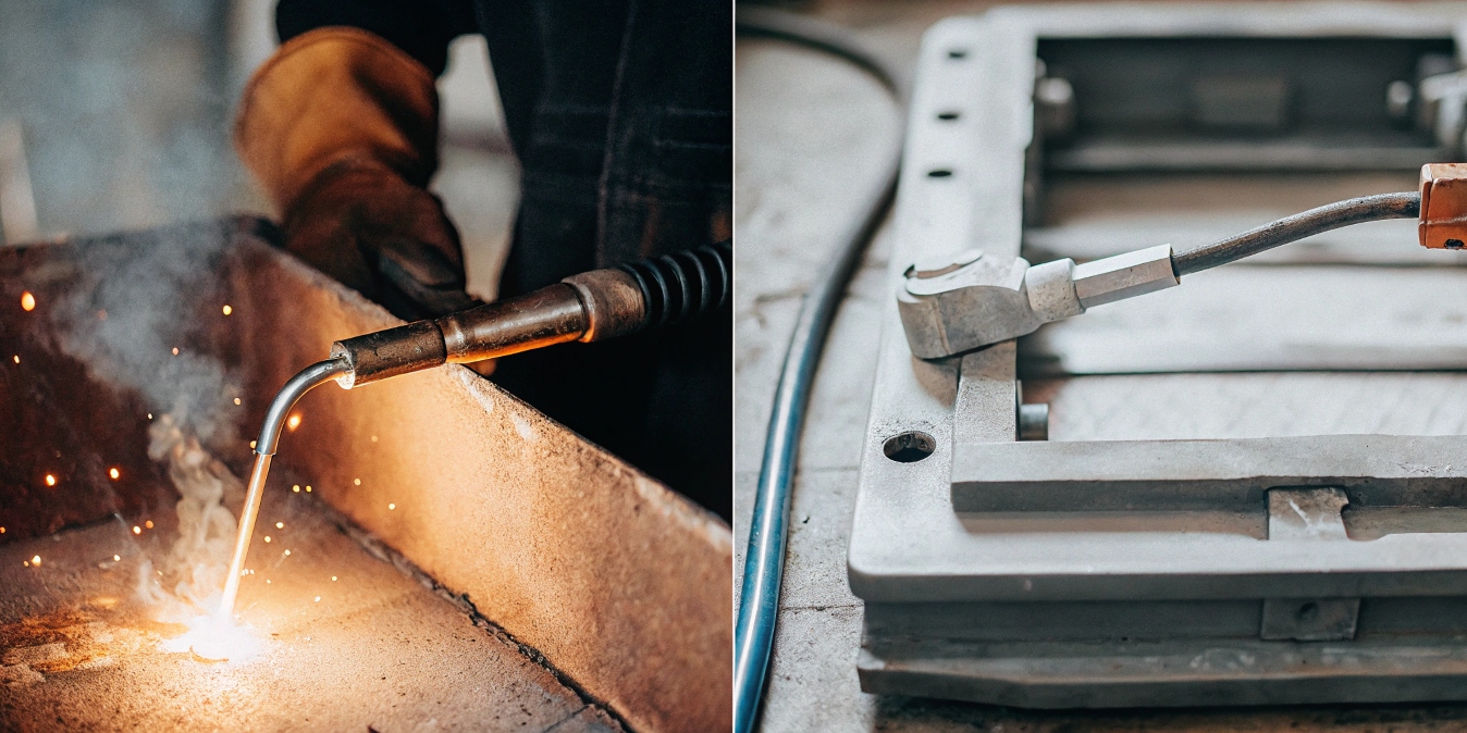 A side-by-side comparison of a TIG welding torch with an argon gas shield and a schematic of a vacuum welding chamber.