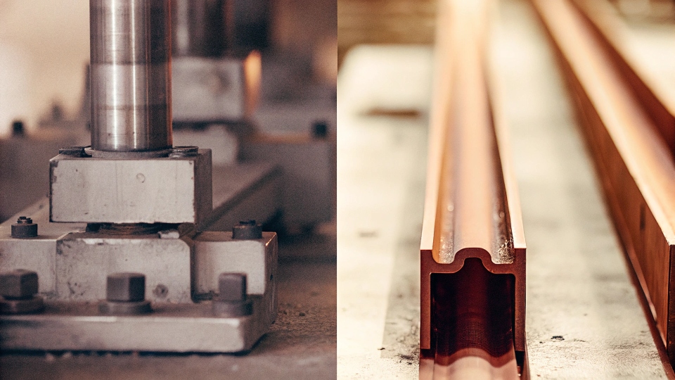 A side-by-side comparison of a steel I-beam and a complex titanium component.