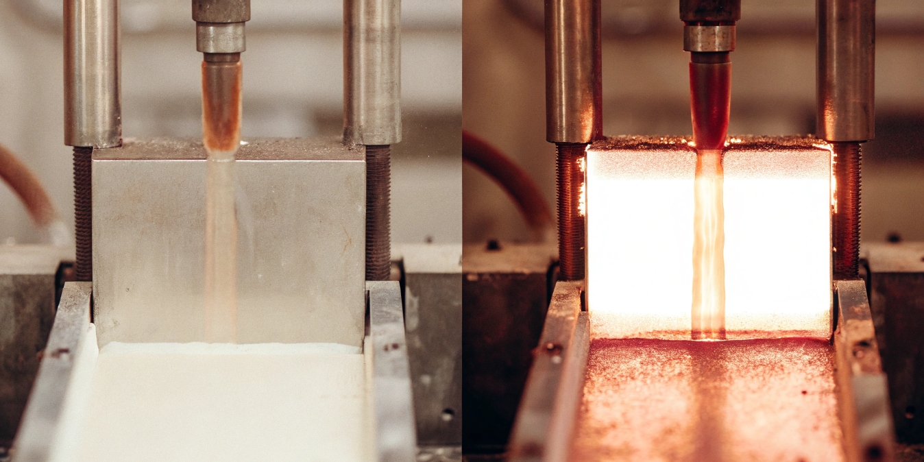 Graphic showing heat transfer from hot fluid to cold fluid through a metal barrier