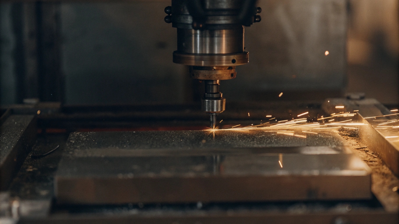 A CNC machine cutting a block of titanium, with sparks flying