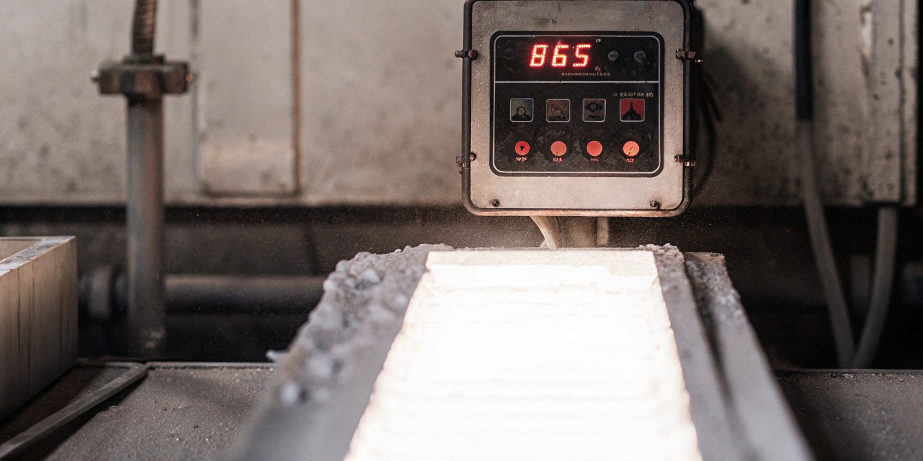 A digital display on a furnace control panel showing a stable temperature of 965°C.