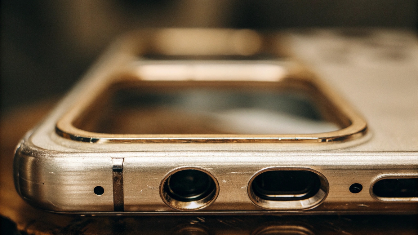 A close-up shot of the brushed titanium frame of an iPhone 15 Pro.