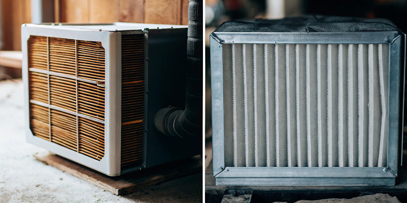 Side-by-side comparison of a ventilation system and an industrial heat exchanger