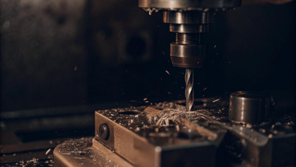 An image of a CNC machine cutting a titanium block, with visible coolant spray, illustrating the difficulty of machining