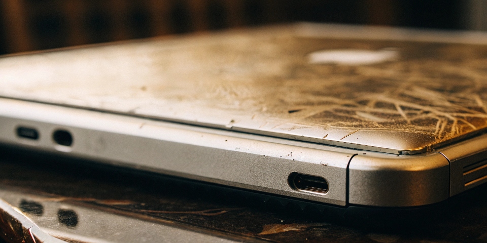 A close-up of a scratched titanium PowerBook showing the metal underneath