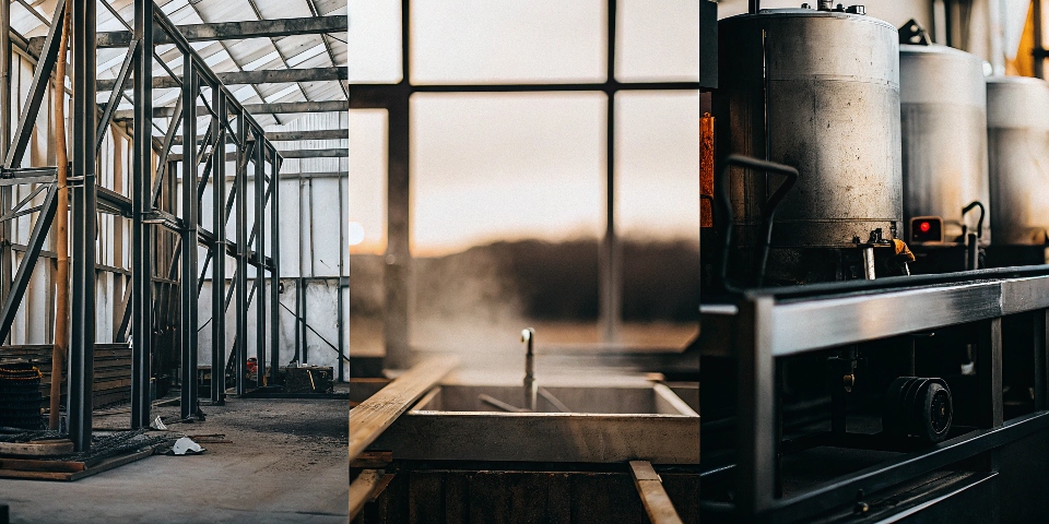 A split image showing a building frame, a chemical tank, and a piece of kitchen equipment.