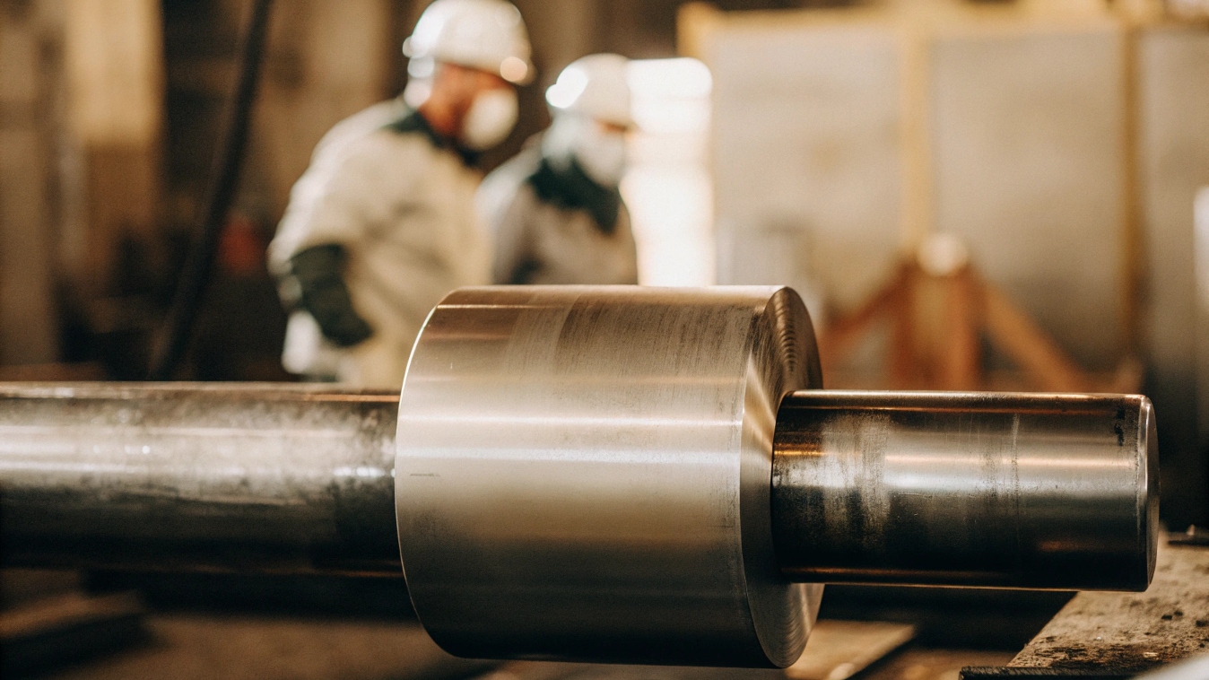 A block of raw Grade 5 titanium alloy being inspected in a factory.