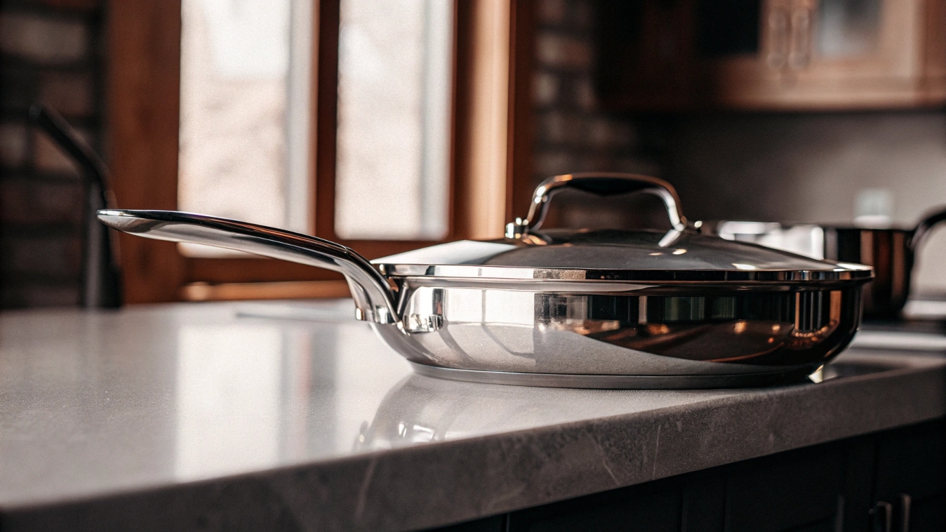 A shiny, new titanium frying pan on a clean kitchen counter.